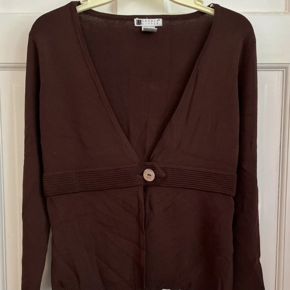 Vintage 90s Carole Little Brown Button Cardigan Top Size Small Rayon Blouse